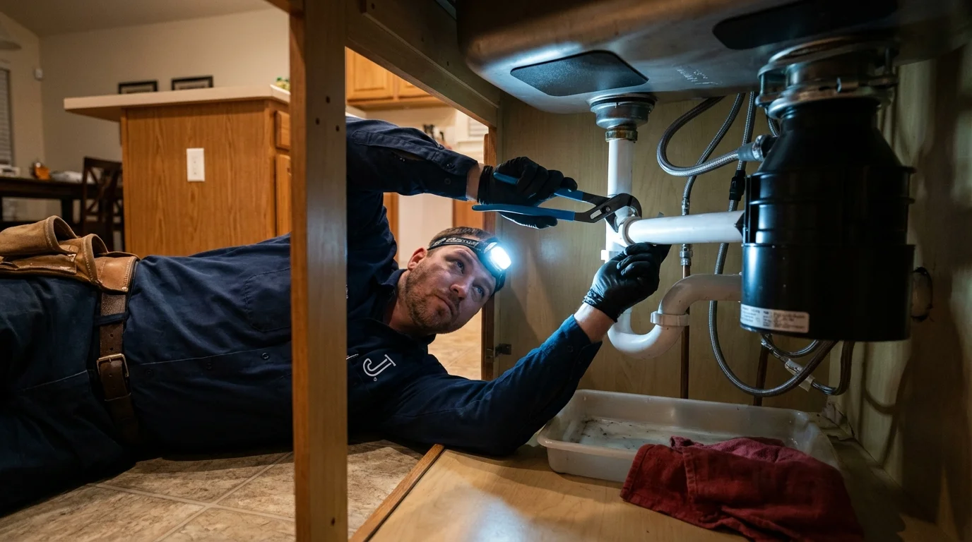 P-trap and supply line connections under a kitchen sink showing a common leak point in Unadilla, NY